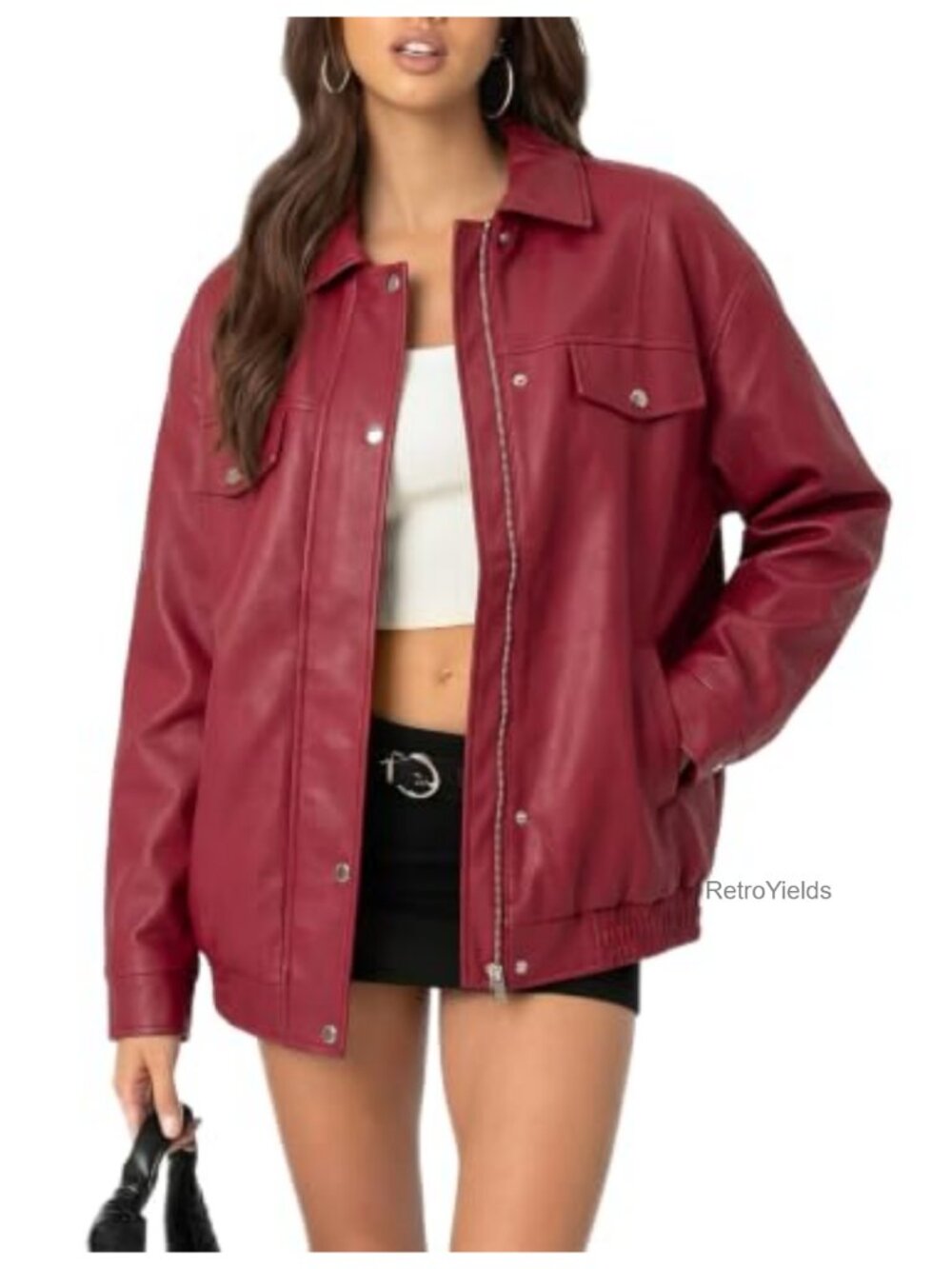Oversized Faux Leather Moto Jacket Zip Up Bomber Coat